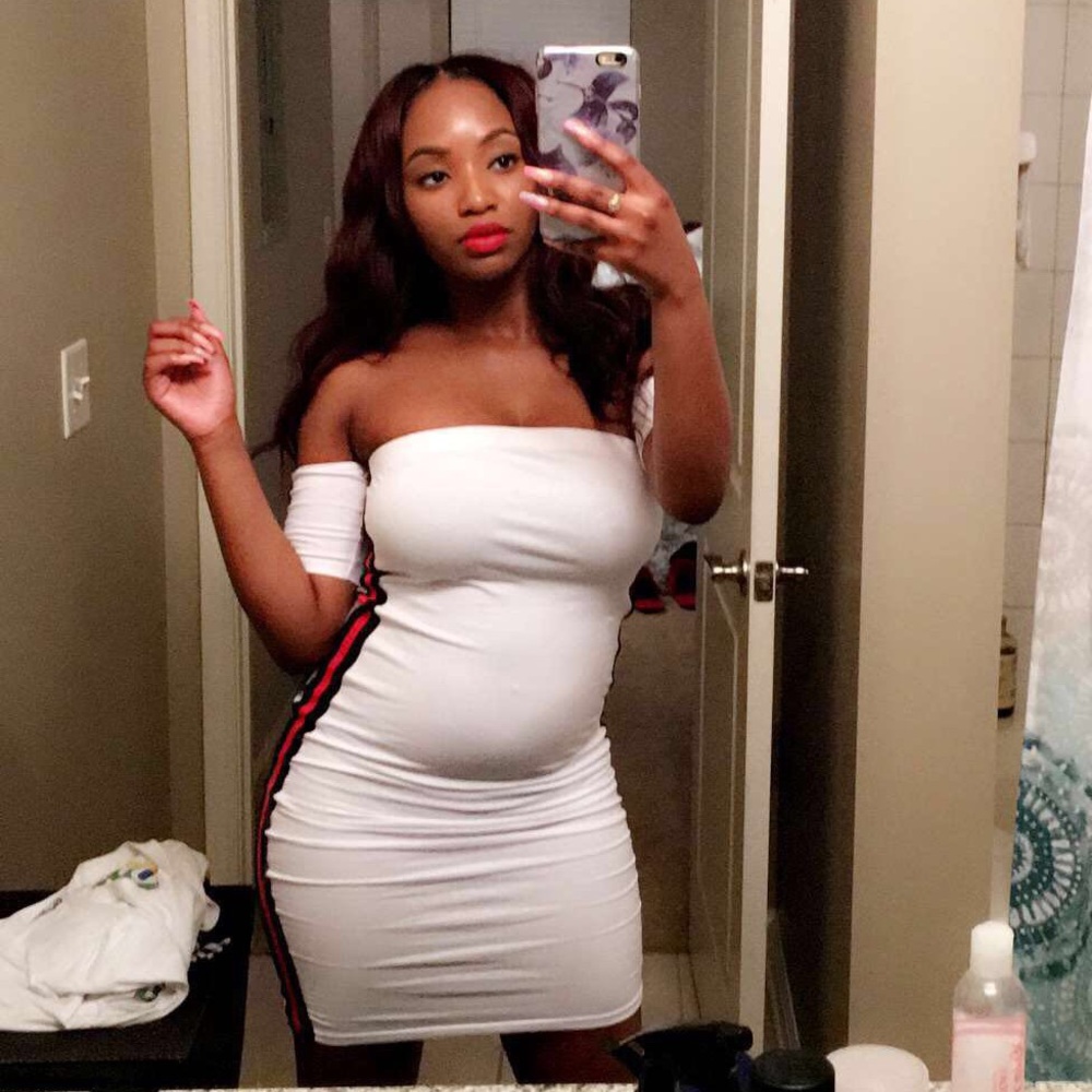 White Bodycon dress w/ black, green and red stripe